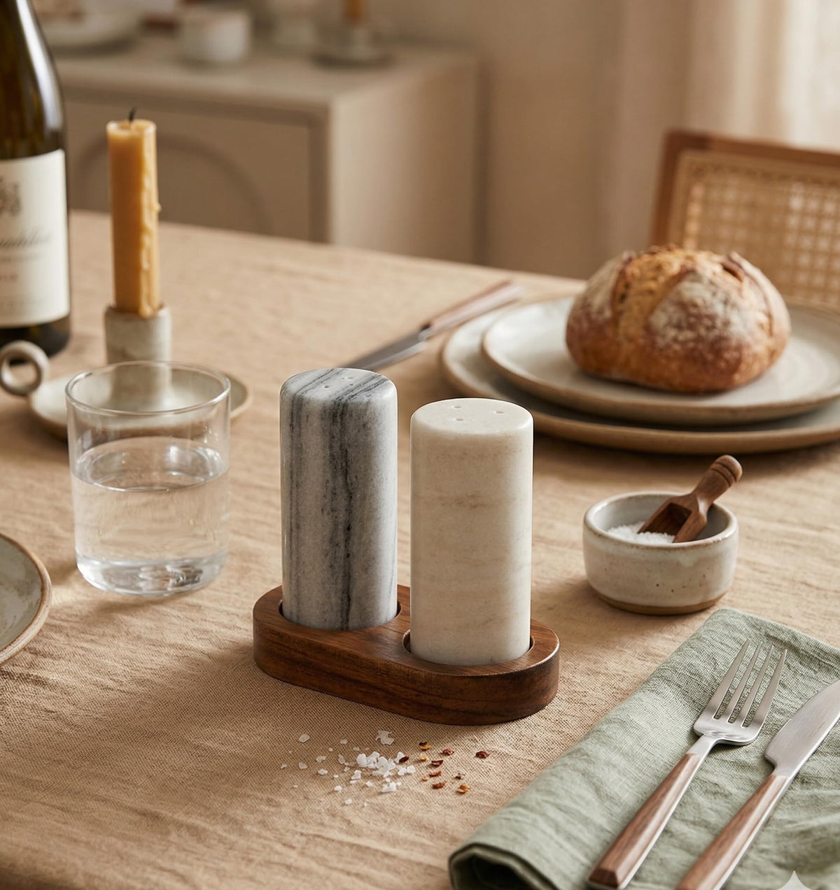 Spiretro Elegant Marble Salt and Pepper Shaker Set with Acacia Wood Holder - Real Grey and White Marble Cylindrical Shakers for Kitchen Shelf, Table or Spice Rack - 1.75” x 3.75” Each