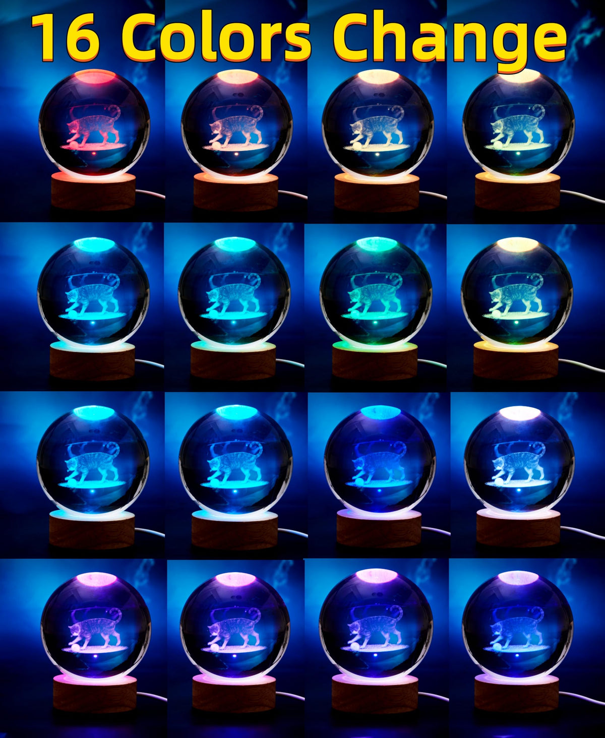 Conalisk 3D Cat Crystal Ball Lamp,Lifelike 3D LED Cat Night Light,16 Colors Changing Light,Dimmable Remote Control,Cat Lamp Gfit (Cat)