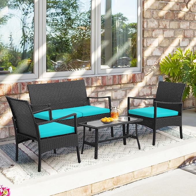 Tangkula 4 Pieces Rattan Conversation Set, Patio Sofa Couch Set