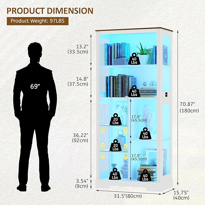 71” Display Cabinet with Glass Doors, Modern Curio Cabinet with 3 Color Lights