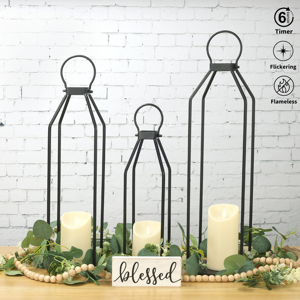 Perfnique Modern Farmhouse Lanterns, Set of 3 Black Metal Lanterns w/ 6hr Timer Flickering Flameless Candles, Decorative for Outdoor Decor, Front Porch, Indoor, Patio, Garden, Fireplace, Christmas
