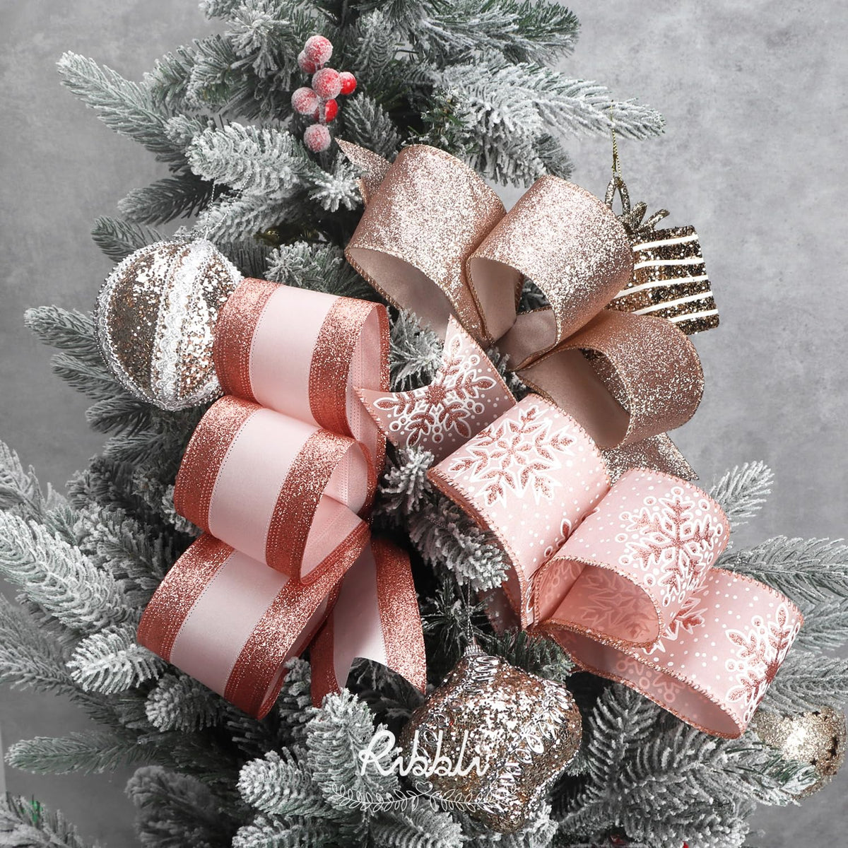 Ribbli Christmas Ribbon Wired Rose Gold Christmas Tree Ribbon Snowflake Glitter Wired Ribbons for Crafts Gift Wrapping Wreaths Garland Home Decor -2.5 Inchx6 Rolls Total 36Yard