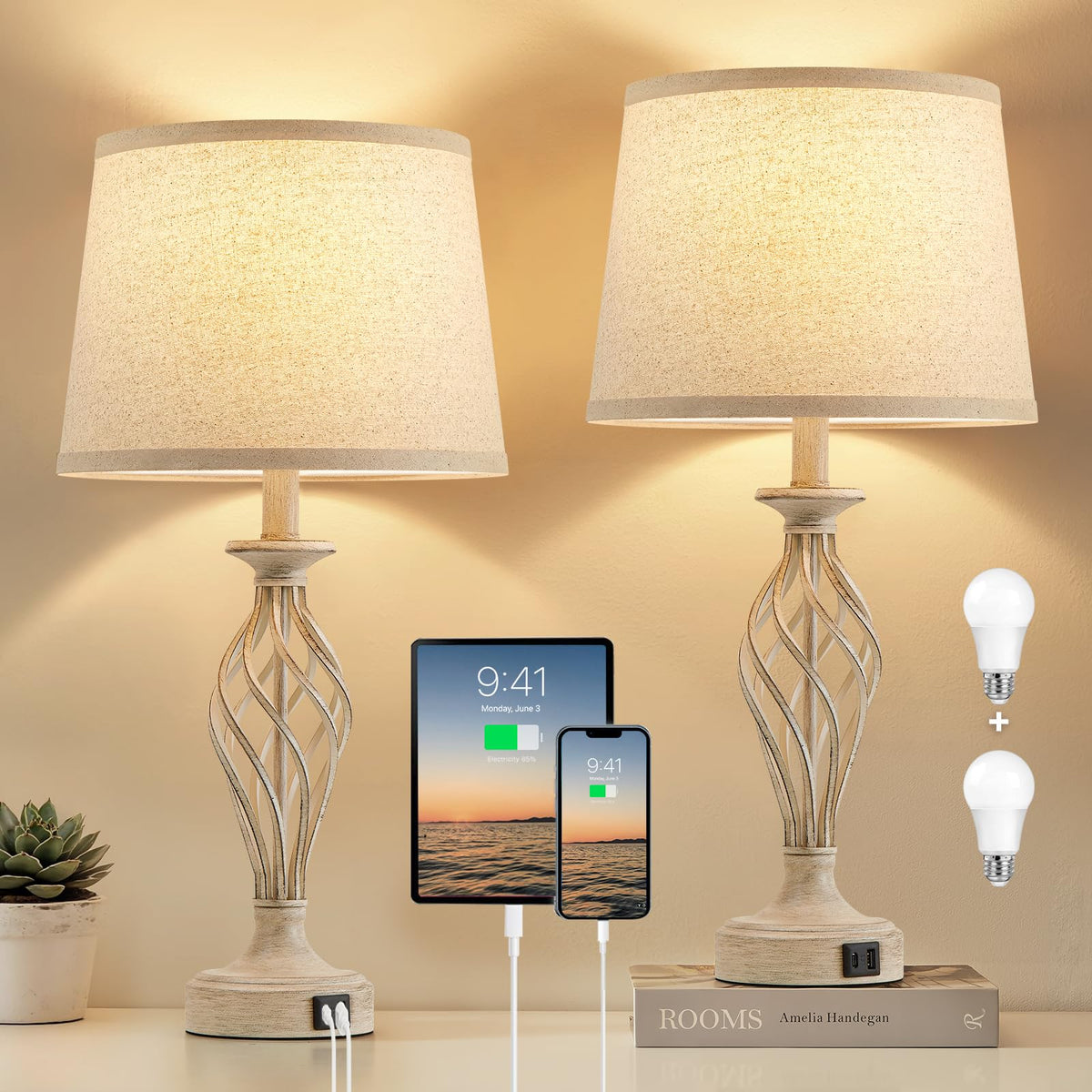 EJIAXIN Bedside Table Lamp for Bedroom Set of 2 - Beige Nightstand Lamps with USB C+A Ports,Rustic Distressed Farmhouse Bedroom Lamp - Lamp for Living Room Reading Bed Side End Table Bulbs Included