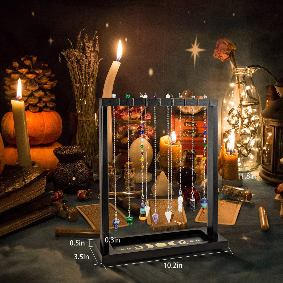 Ceiner Black Pendulum Crystal Display Holder, Wood Witch Rock Stone Stand, Moon Phase Wiccan Supplies Incense Rack Shelf with Tray for Witchcraft Gift Organizer 15 Pendulum Necklaces
