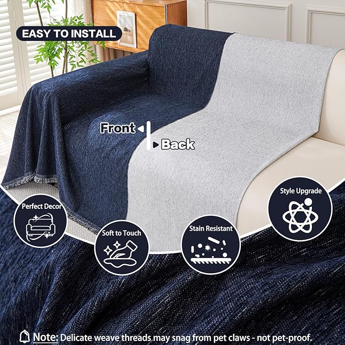 DREAMINGO Navy Blue Couch Cover Thick Chenille Couch Cover Blanket