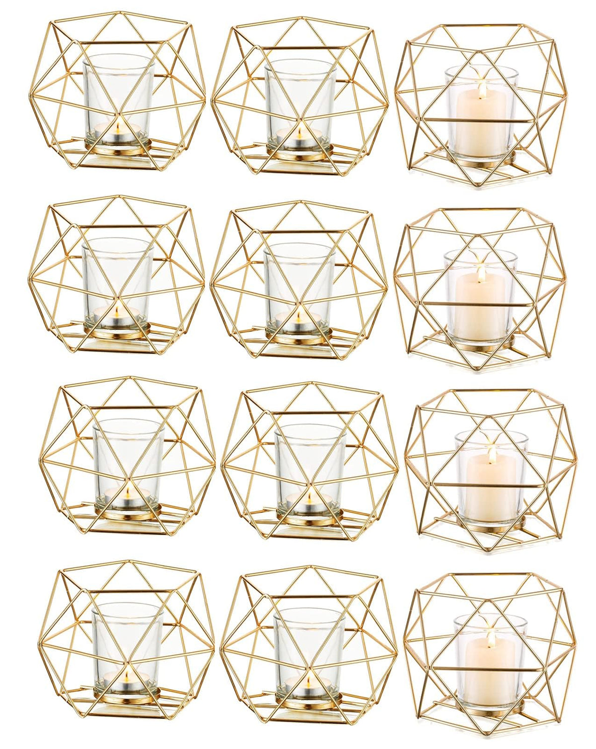Hewory Geometric Tealight Candle Holders Gold, Modern Metal Geo Wedding Centerpieces for Table, Votive Candle Stand Accent for Tea Light for Home Shelf Mantel Christmas Birthday Party Decor, 12pcs