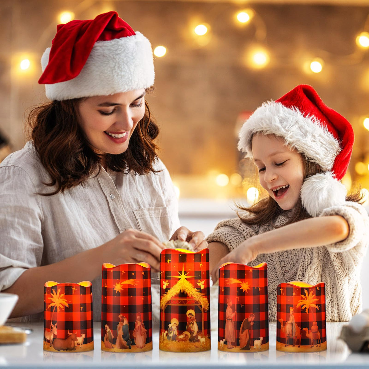 Glooglitter 5 Pcs Buffalo Plaid Nativity Scene Candles Flameless Christmas LED Pillar Jesus Religion Candles Battery Operated with Timer Remote for Xmas Christian Holiday Table Home Decor Church Party