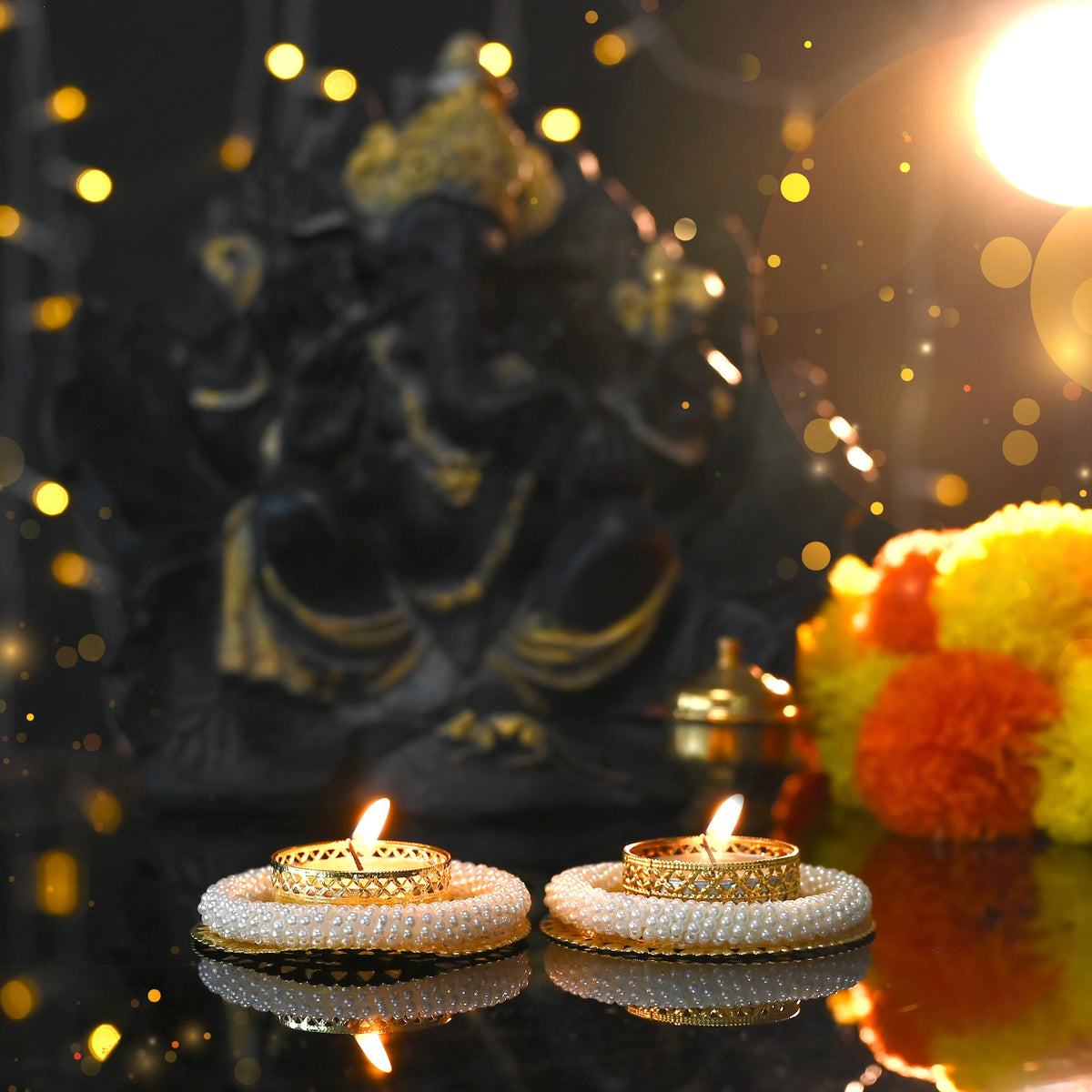Set of 2 Pearl Moti Design T Light Holder Candle Stand Tealight T-Light Holders for Indian Traditional Diwali Decorations Lighting Accessories Wedding Home Decor(without Wax)(Size:-3)(White,Golden)