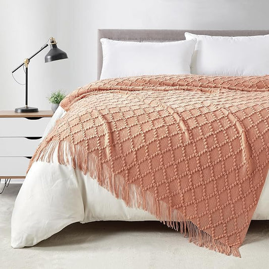 BOURINA Orange Throw Blanket 50 x70 Inches Jacquard Argyle Throw Textured Solid