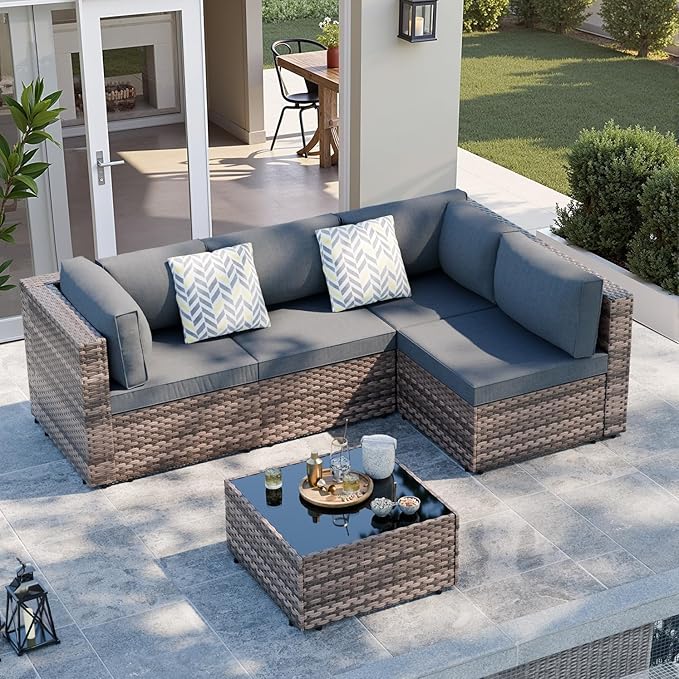 SUNLEI 5 Piece Patio Furniture Sets, Low Back All-Weather Rattan Sectional Sofa