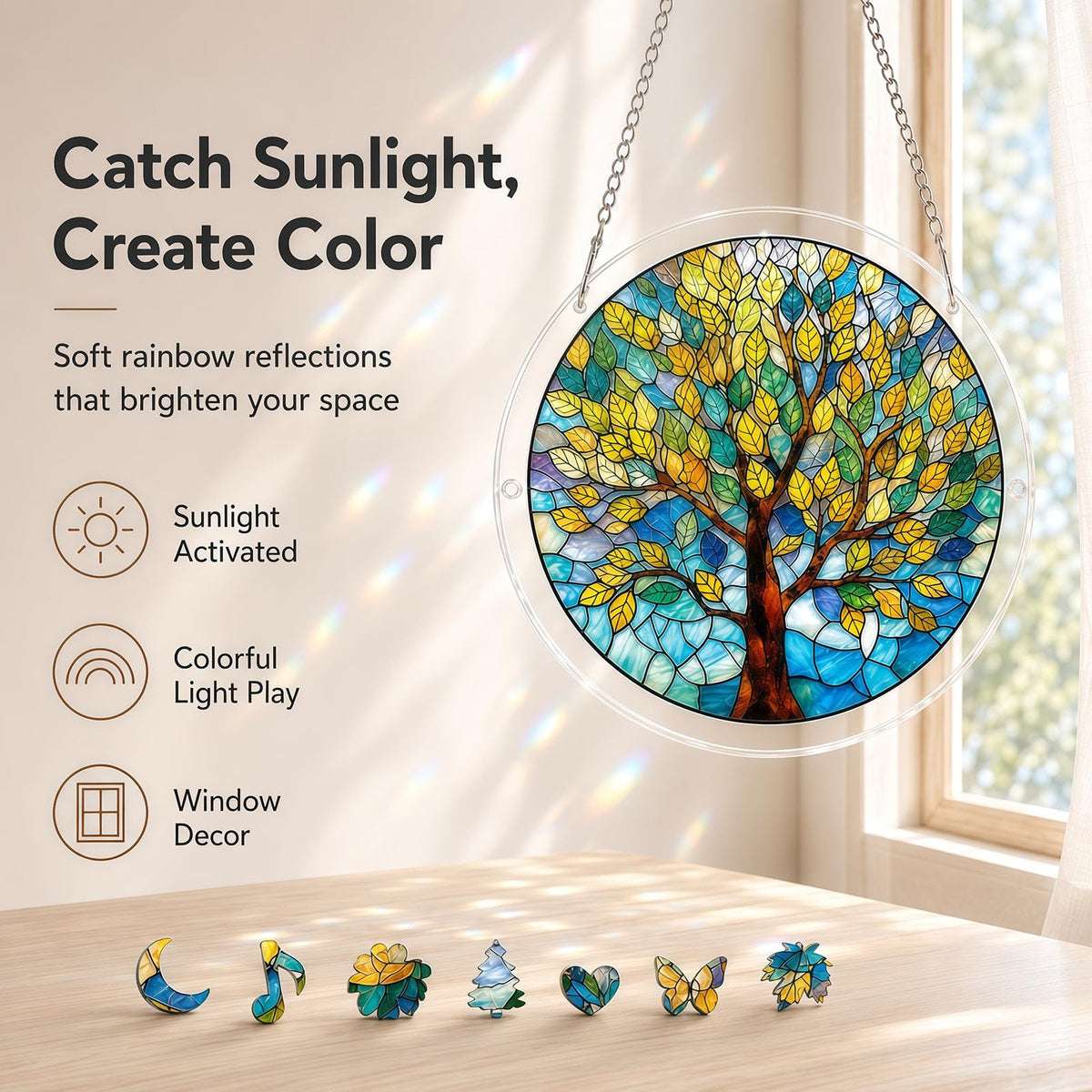 Acrylic Jigsaw Puzzle Suncatcher, Golden Tree Acrylic Puzzle Suncatcher for Adults, DIY Acrylic Jigsaw Art & Puzzle Window Hanging Ornament, Creative Home Decor Ornament with Whimsical Pieces