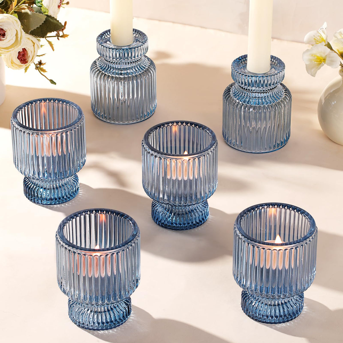 DARJEN 6 Pcs Blue Glass Candlestick Holders with Vertical Stripes - Irregular Shaped, Dual-Use for Taper Candles & Votive/Tea Lights, Candle Holders for Dining Table, Wedding, Party, Home, Gifts