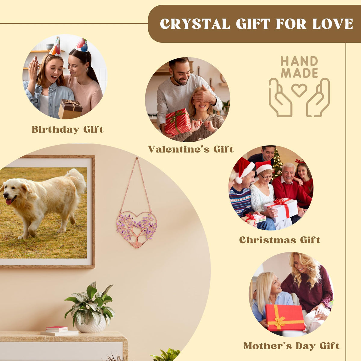 CrystalTears Rose Quartz Crystal Tree Life Heart Hanging Ornament for Home Wall Window Room Decor, Healing Crystals Gemstone Wall Hanger, Positive Crystal Gifts for Women Mom Birthday Christmas