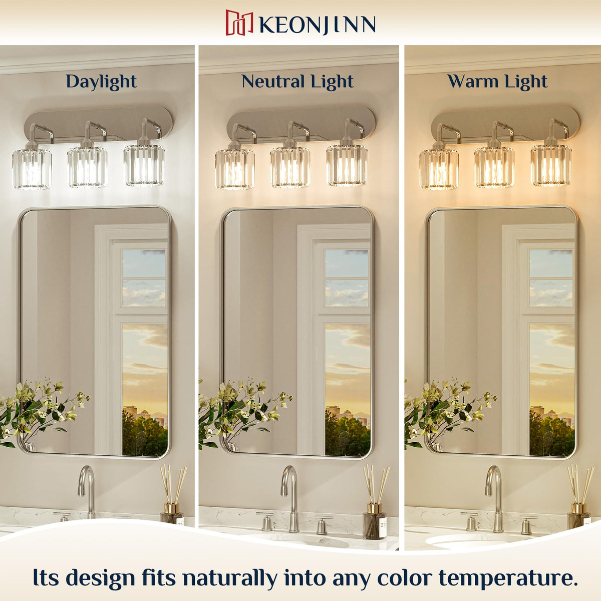 Keonjinn 5-Light Bathroom Light Fixtures, Crystal Chrome Bathroom Vanity Lights Over Mirror, Vanity Lighting Fixtures with Crystal Square Shades (E26 Socket, Exclude Bulb)