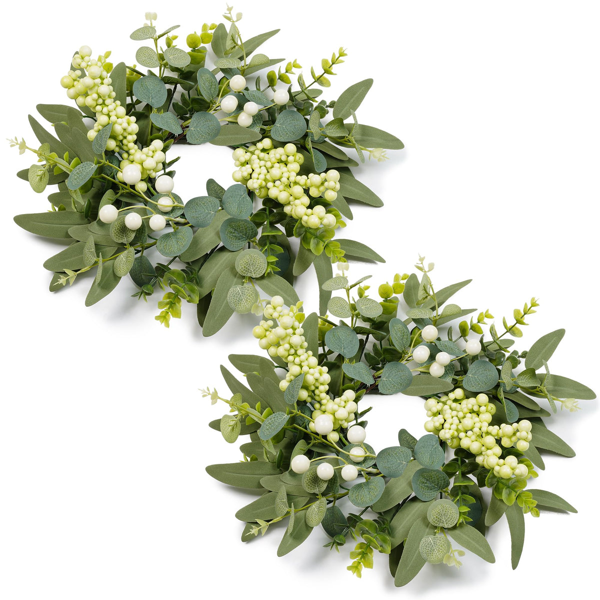 DDHS 2 Packs Small Eucalyptus Wreaths, 12 Inch Artificial Mini Green Wreath with Berries, Small Boxwood Leaves Wreaths for Indoor Outdoor Hanging Farmhouse Wall Window Wedding Decor