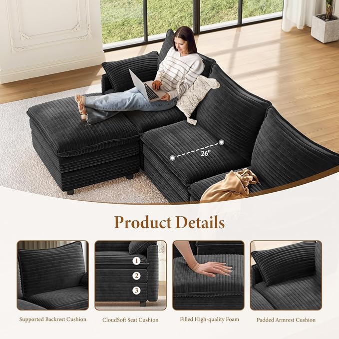Vesgantti 108" Modular Cloud Couch, Deep Seat Sectional Sofa