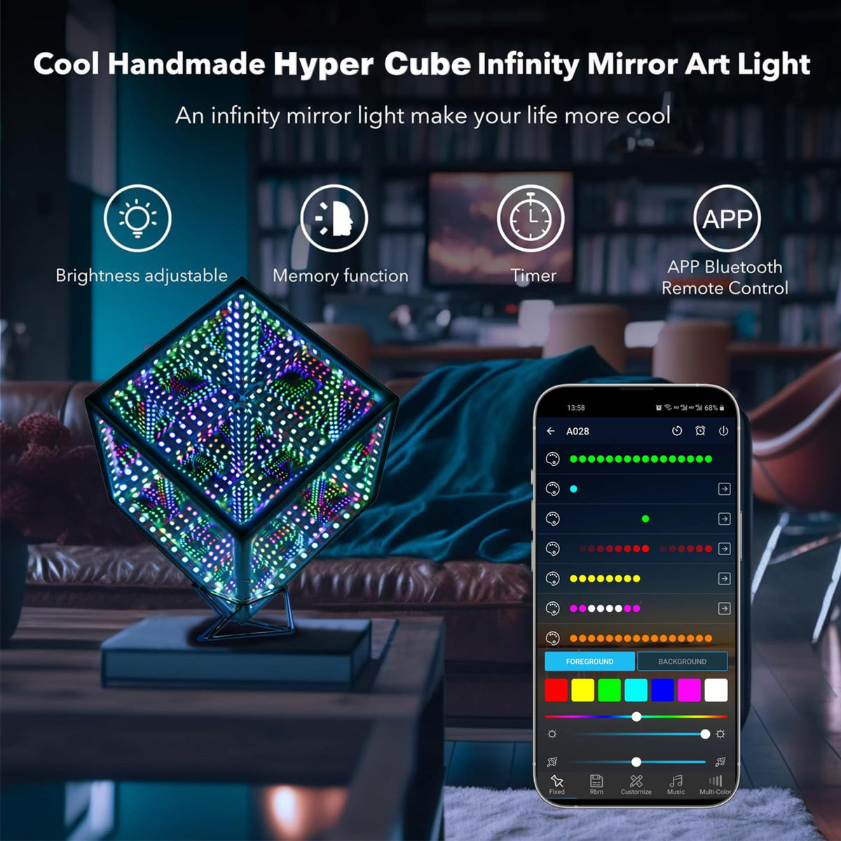 Heepulor Infinity Mirror Hyper Cube Table Lamp, Desk Art Night Light, Color-Changing Music-Sync APP-Controlled Ambient Light for Gaming, Party, Home, Gift (8.2 Inches)