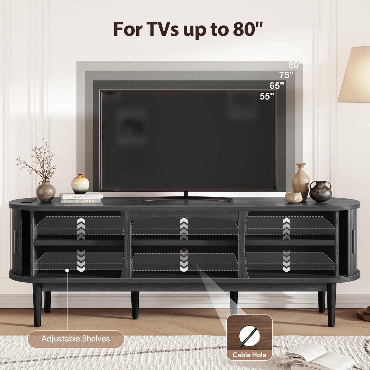 Decofy Mid Century TV Stand for TVs up to 80 Inches, Entertainment Center with Storage, Power Outlet, Fluted Sliding Doors & Adjustable Shelves, Modern Media TV Console Table for Living Room (Black)