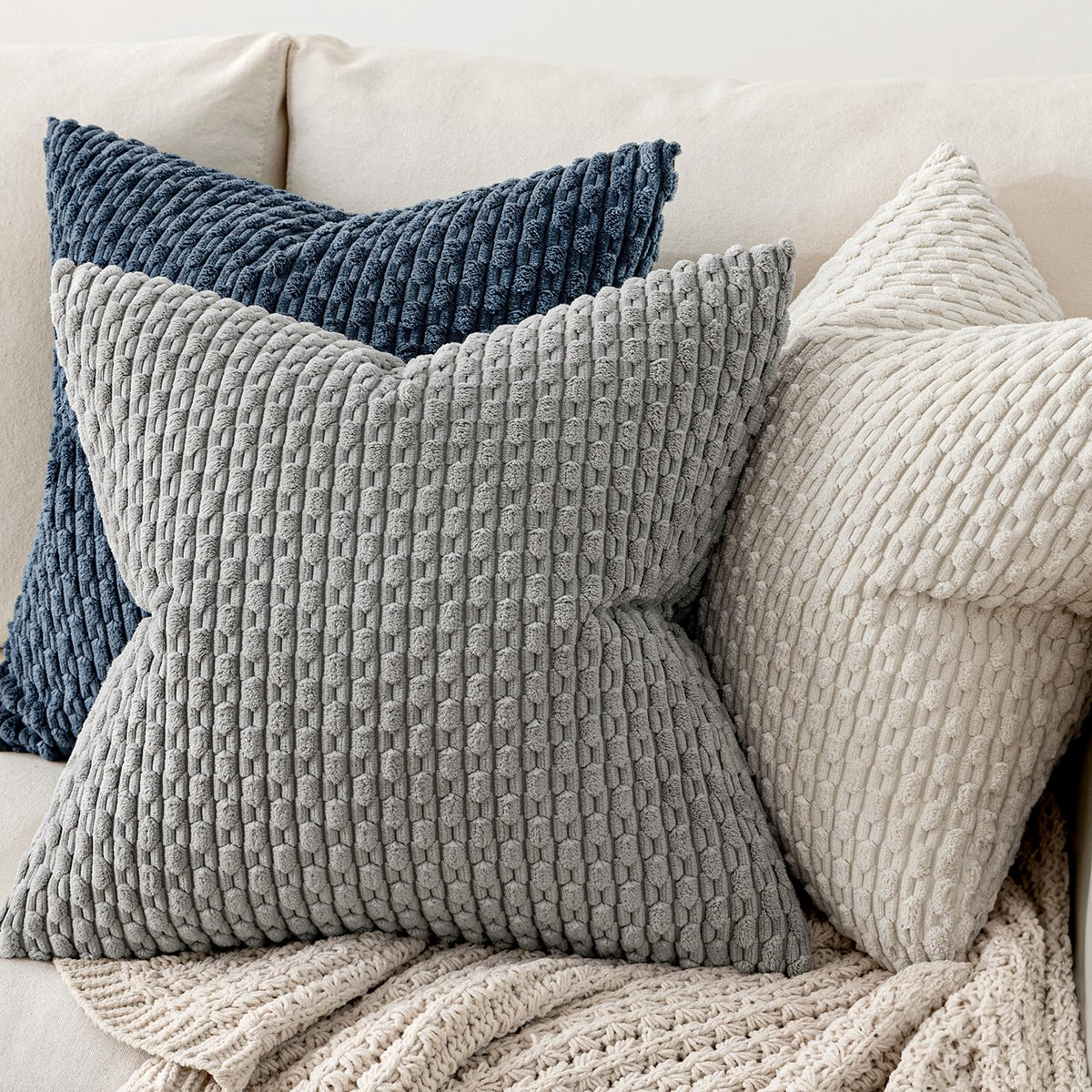 MIULEE Pack of 2 Decorative Throw Pillow Covers 20x20 Inch Soft Boho Striped Textured Corduroy Pillow Covers Modern Farmhouse Home Decor for Couch Bed Sofa Living Room Cream White