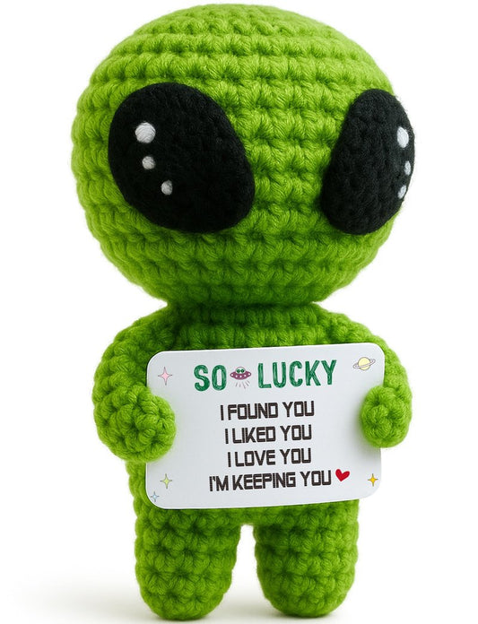 MAMAGIFTREE I Love You Wedding Anniversary Present for Him Boyfriend Husband Fiance Wife Her with Small Card, Valentines Day Gifts Women Men - Romantic Theme Crochet Alien Decor