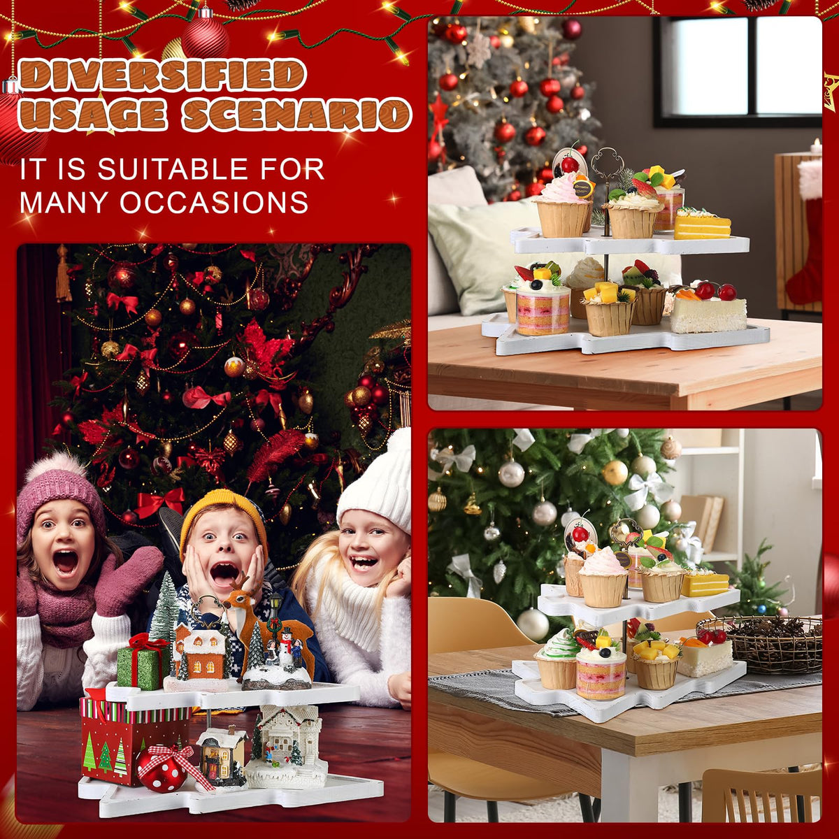 Amyhill Wood 2-Tiered Christmas Tree Tray Cupcake Stand Dessert Display Holiday Serving Platters Xmas Wooden Charcuterie Board for Snacks Food Fruit Appetizers Desserts Cookies(Distressed White)