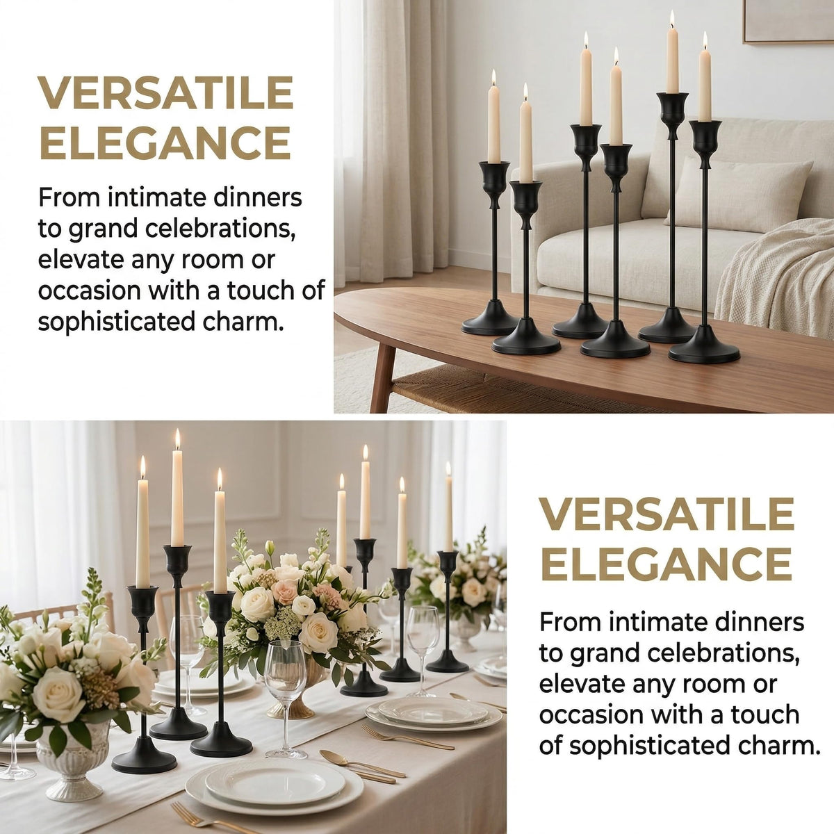 Oakernel Black Taper Candle Holders 2 Sets(6 Pcs) - Tall Metal Candlestick Holders for Table Centerpiece, Formal Dinner, Wedding, Fireplace Mantel Decor, Fits 3/4 Inch Thick Candles