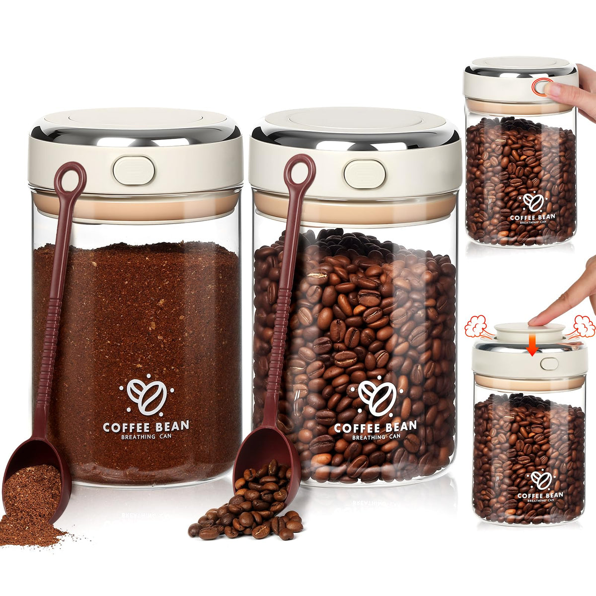 2 Pack 37oz Coffee Bean Storage Container with Scoop Glass Airtight Coffee Canister with One-Way Valve Airtight Lid Date Tracker Storage Container for Grounds Beans Tea Cereal Sugar Flour Cookies