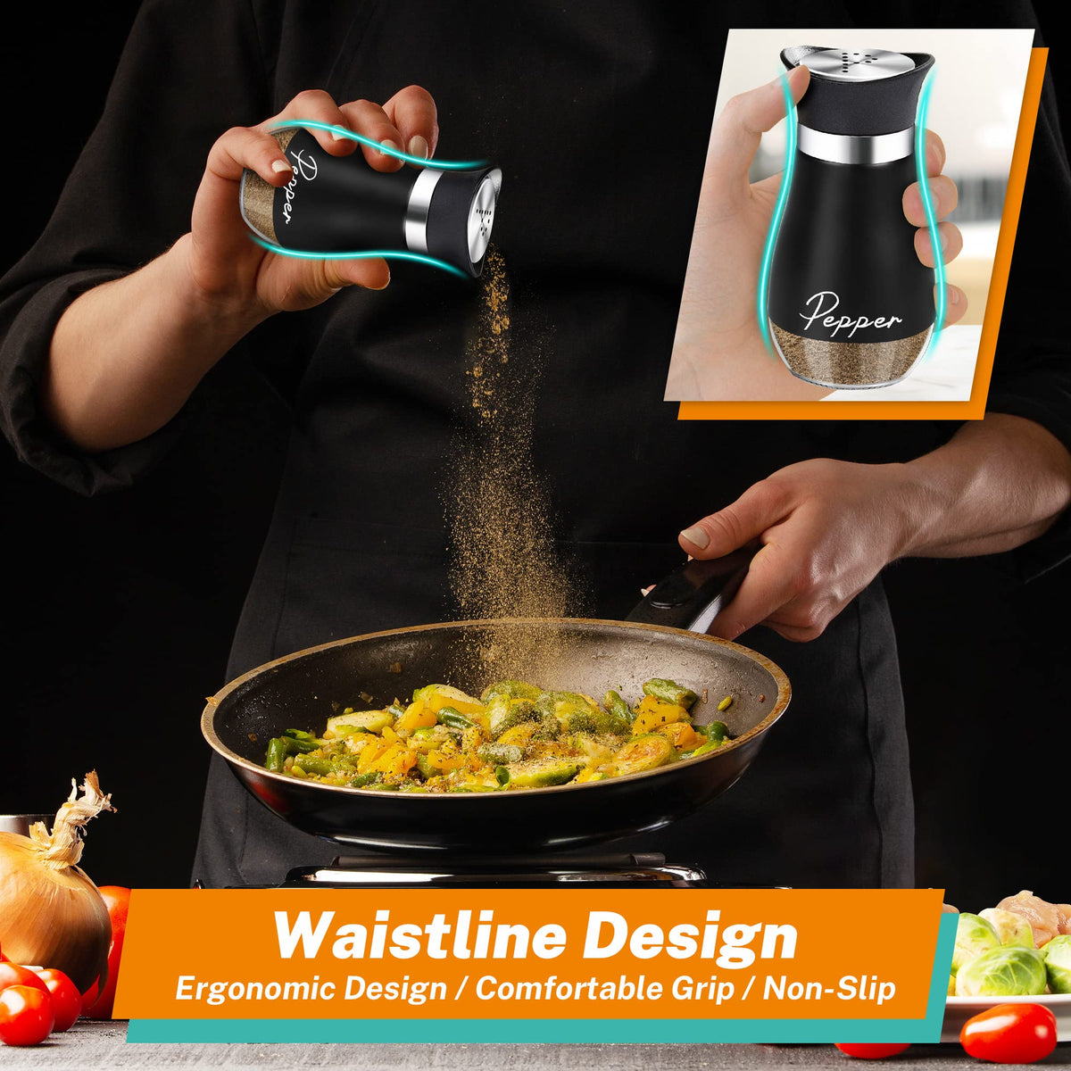 Black Salt and Pepper Shakers Set with Holder,4 oz kitchen accessories and decor for Restaurant, Wedding, Housewarming Gifts Refillable Design (Black)