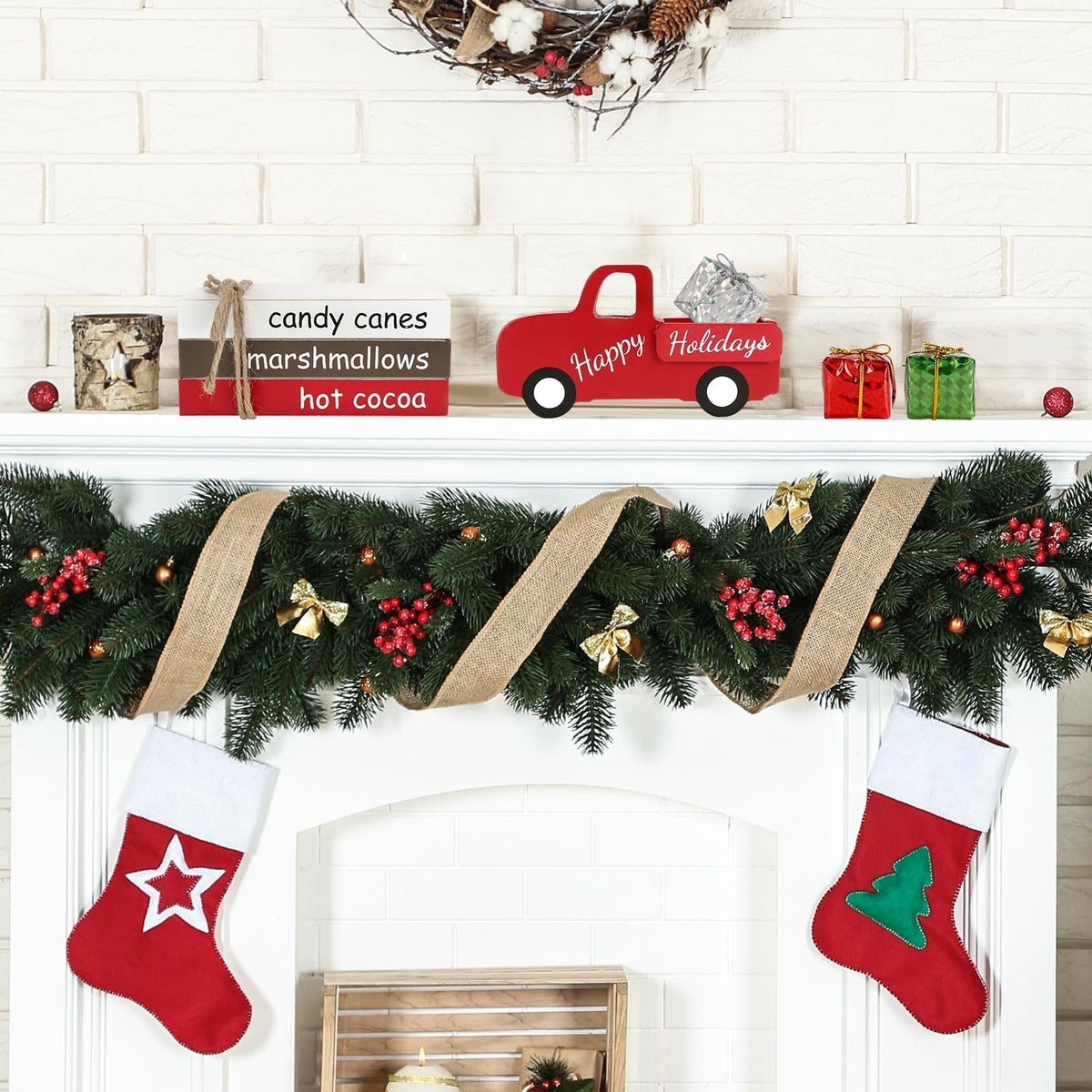 Christmas Decoration 7PCS Table Centerpieces, Tabletop Christmas Tiered Tray Shelf Mantel Fireplace Coffee Bar Office Desk Decor Farmhouse Xmas Wood Faux Book Sign and Gift Boxes Holiday Decoration