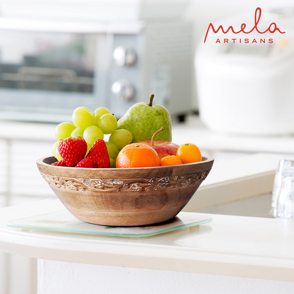 Mela Artisans 12 in Wide x 4.5 in Tall Jasmine Mango Wood Bowl – Hand-Carved Decorative Serving and Fruit Bowl with Whitewash Finish for Kitchen Counter, Salad, Bread and Home Decor