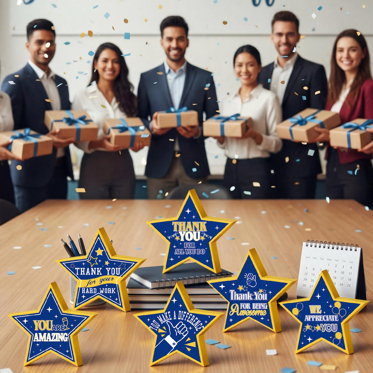 6 Pcs Employee Appreciation Wooden Star Table Sign Blue Gold Employee Appreciation Decorations Thank You Wooden Table Sign Centerpieces for CNA Surgical Technologists Week Team Staff Awards Gifts