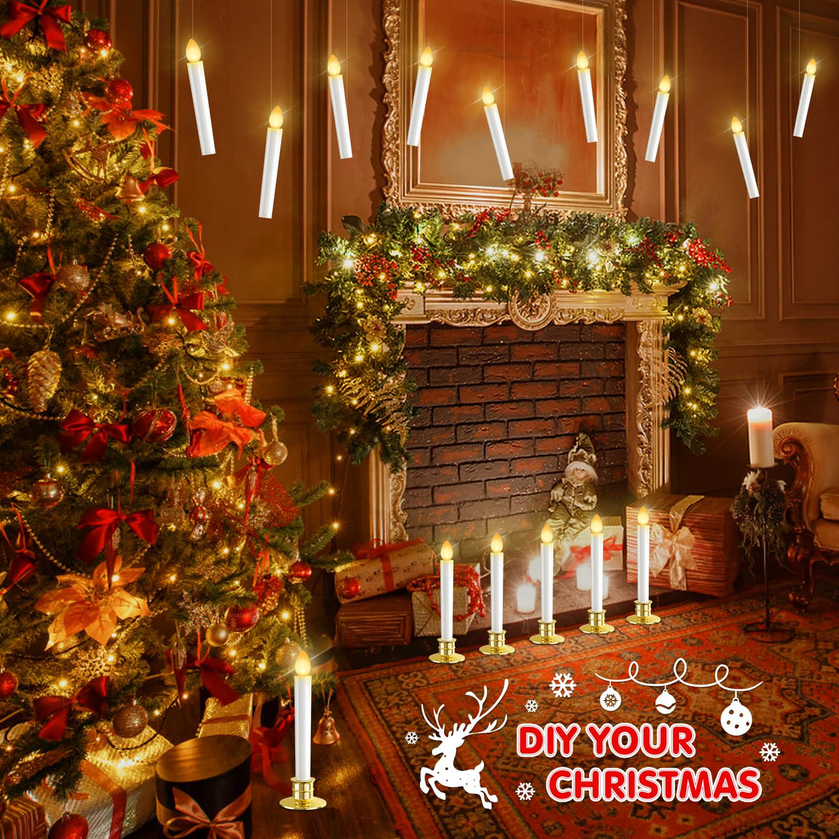 10 Pack Christmas Window Candles Lights Flameless Candle Battery Operated Candles with Remote Control Timer Gold Holders LED Candle for Party Table Top Xmas Thanksgiving Christmas Window Decorations