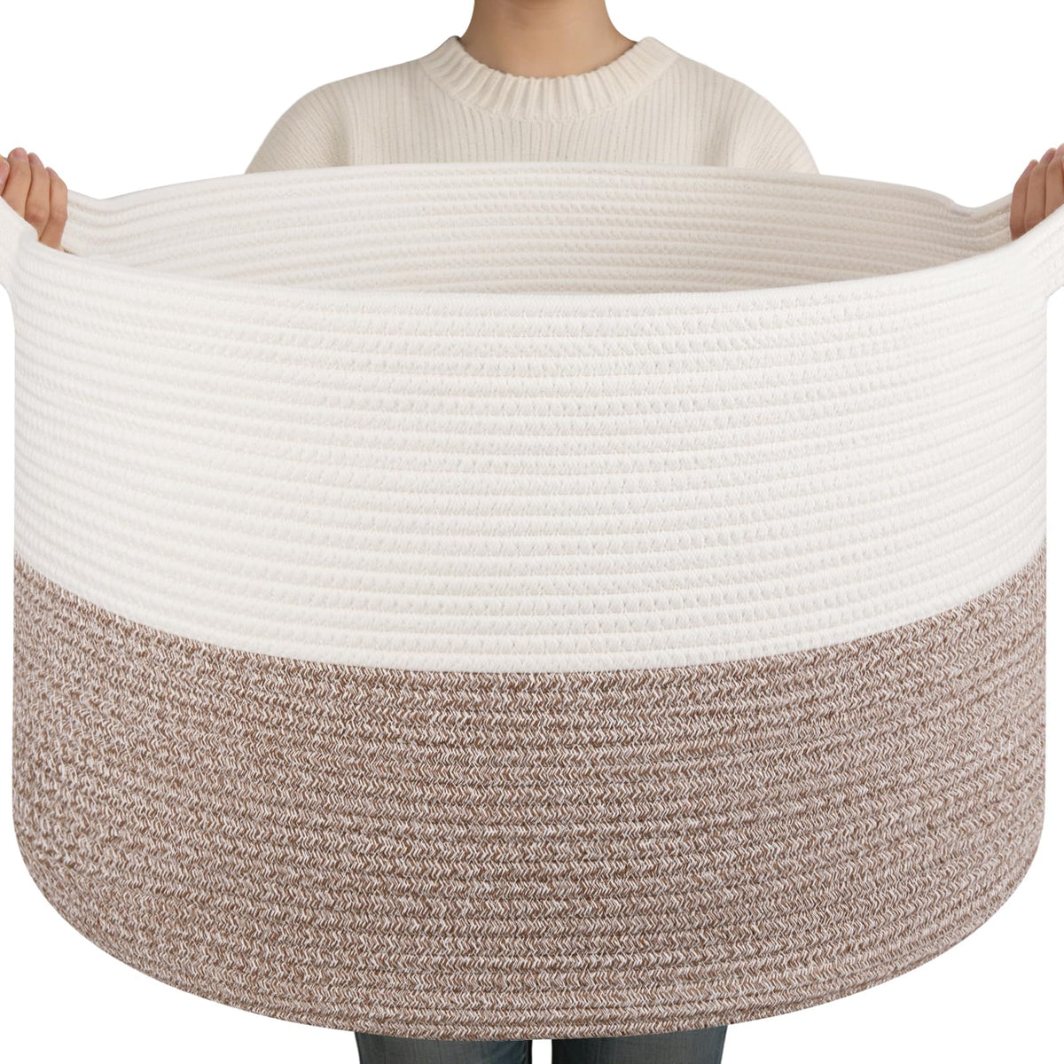 OIAHOMY 90L XXXLarge Blanket Basket for Living Room, 21.7" x 13.8" Woven Cotton Rope Laundry Basket for Organizing Pillows, Decorative Stuffed Animal Toy Storage for Nursery, White and Linen Brown