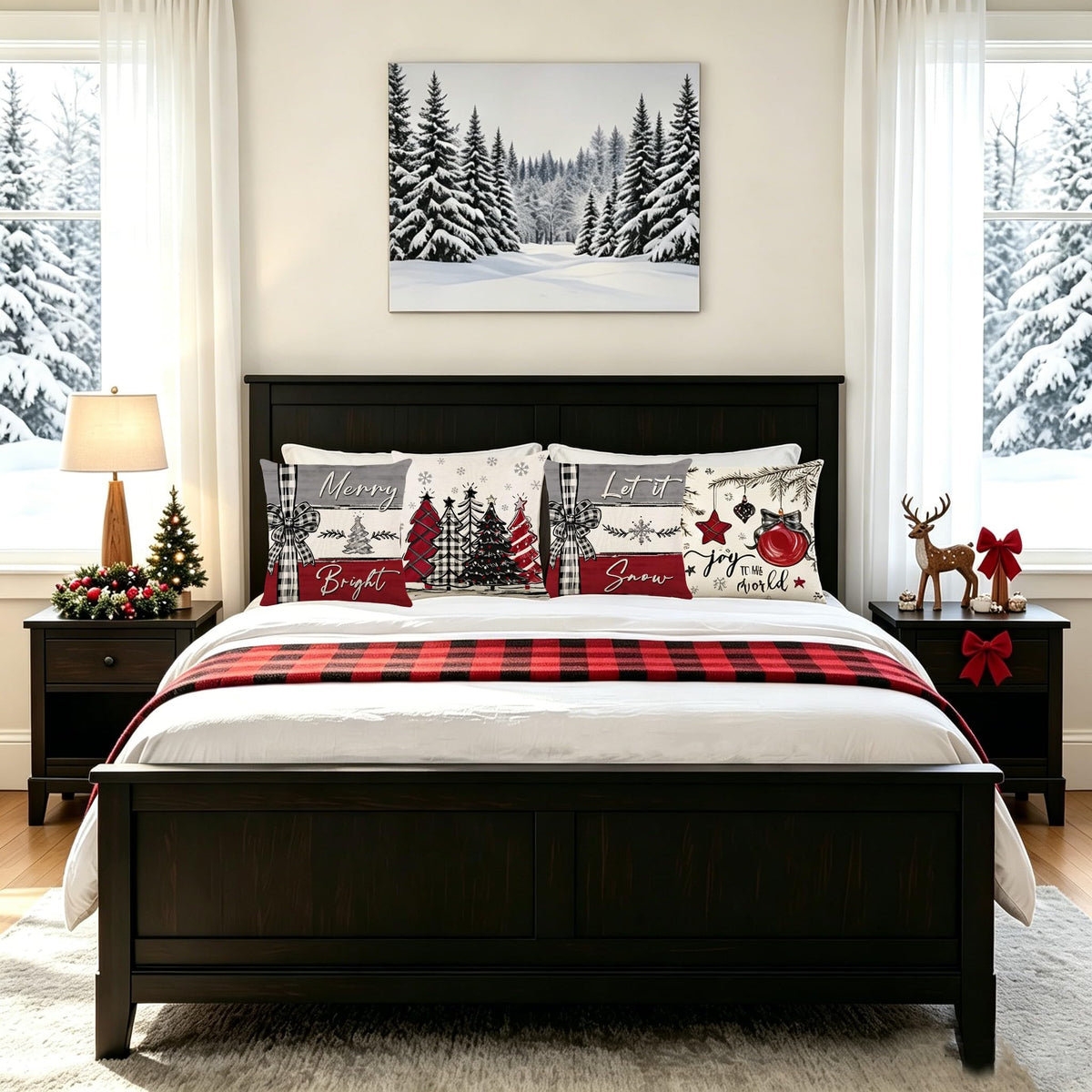 Ni-JASW Red Grey Plaid Christmas Throw Pillow Covers 18x18 inch, Farmhouse Let it Snow Tree Balls Xmas Cushion Case for Sofa Couch Set of 4
