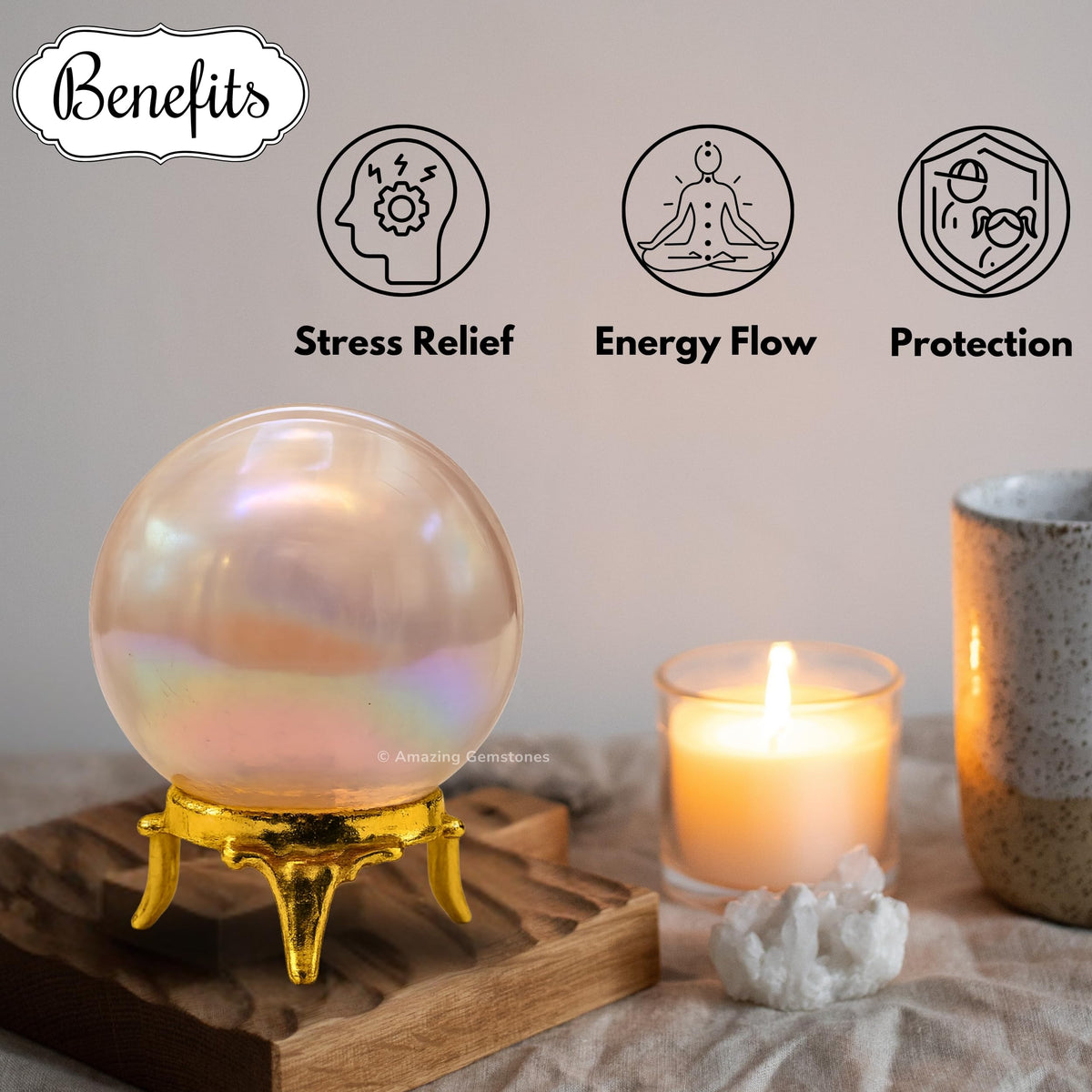 Amazing Gemstone Angel Aura Rose Quartz Crystal Ball with Stand - 1.5" Inches Crystal Sphere Meditation Balls for Witchcraft and Decorative Balls