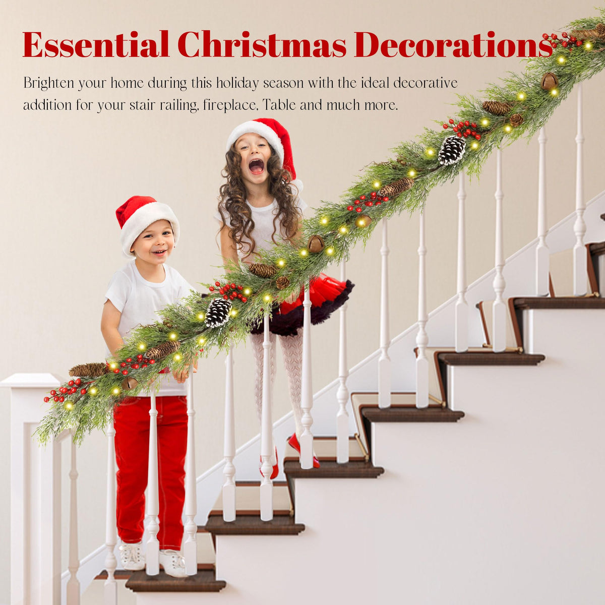 6FT Christmas Cedar Garland with Lights,Artificial Realistic Battery Operated Green Garland Christmas Decorations for Home Mantel Stairs Railing Dining Table Winter Decor