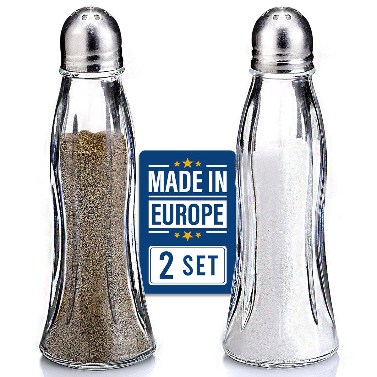 Salt and Pepper Shakers Glass Set, Clear Curved Design, Classic Restaurant Style, Glass Body with Stainless Steel Lids, 4.7 in