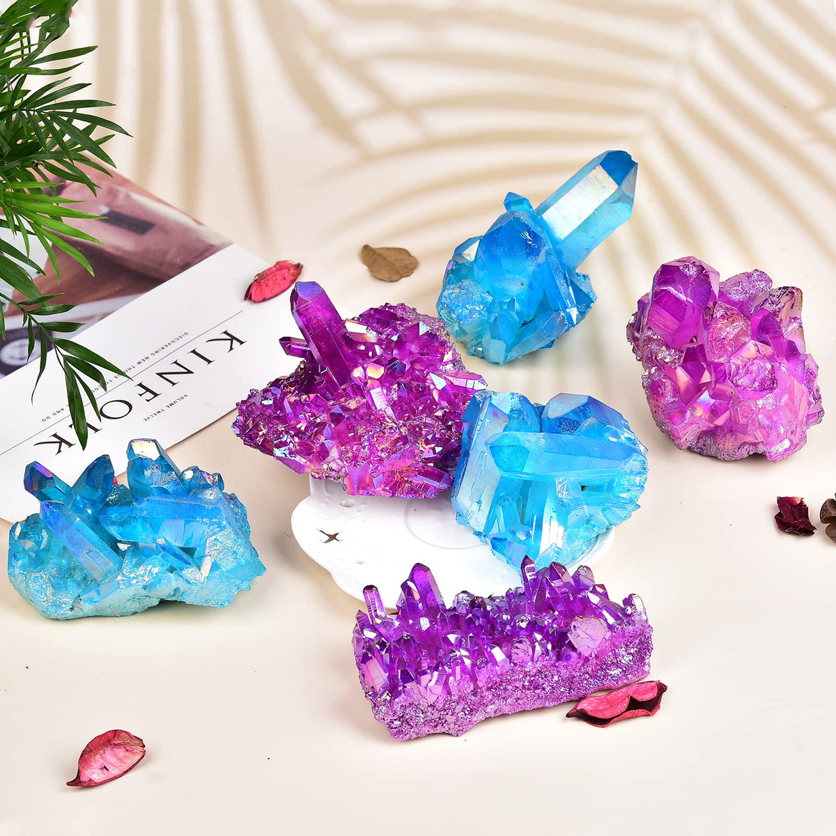 JIC Gem Real Natural Big Titanium Coated Crystal Cluster Purple Quartz Geode Druzy Home Decoration Gemstone Specimen(9-11cm)