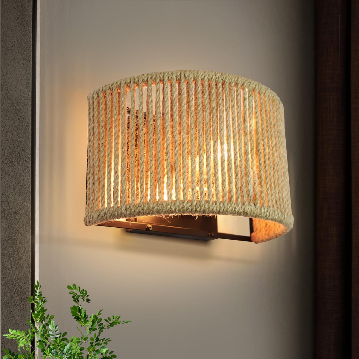 Lzawvm Rattan Wall Sconce Boho Wall Light Fixture Hand Woven Hemp Rope Sconce Lighting for Bedroom, Living Room, Aisle, Porch, Dia 9.7 Inch