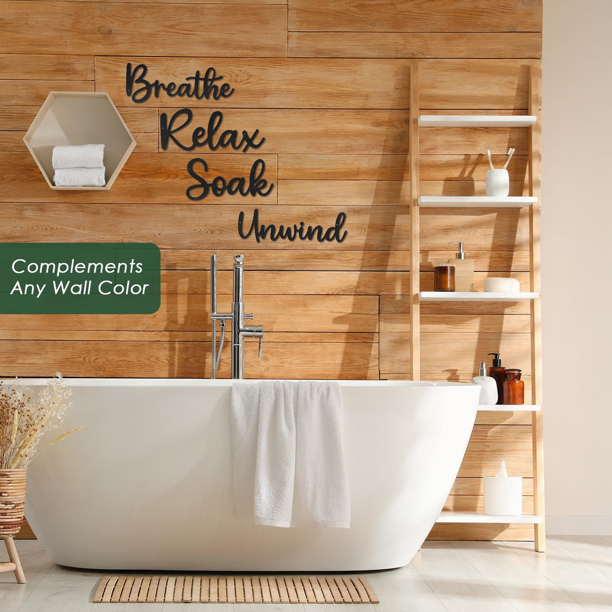 Sanwarm 4 Pieces Metal Modern Wall Decor, Black Wall Art Decors Breathe Relax Soak Unwind Fresh Hollow Sign Minimalist Cosy Hanging Decoration for Home Bathroom Living Room Bath SPA Yoga Studio