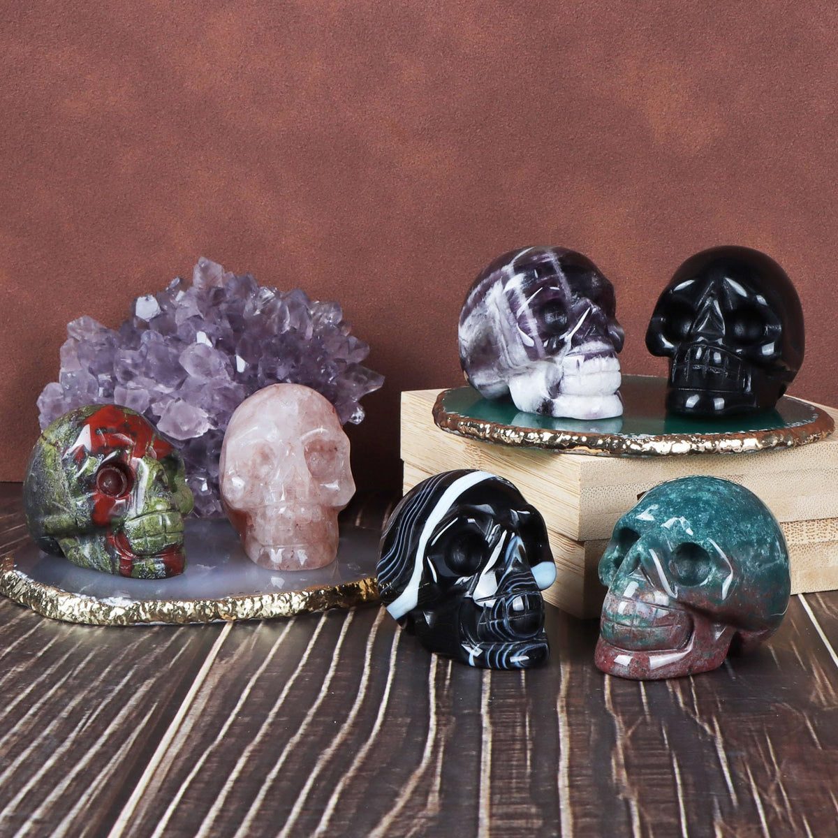 Artistone Ocean Jasper Hand Carved Crystal Skull Statue for Halloween Decoration Spiritual Healing Stone 2 Inch