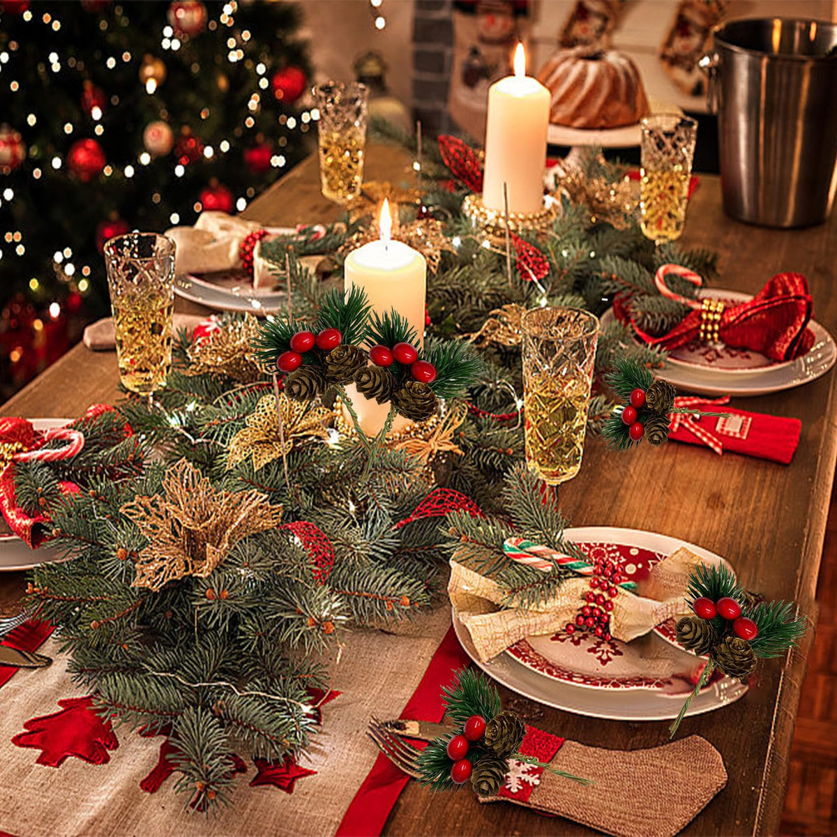 Acronde 30PCS Artificial Pine Picks Christmas Simulation Pine Needle Small Berries Pinecones for Flower Arrangements Wreaths Wedding Xmas Tree Decor (30, Red)