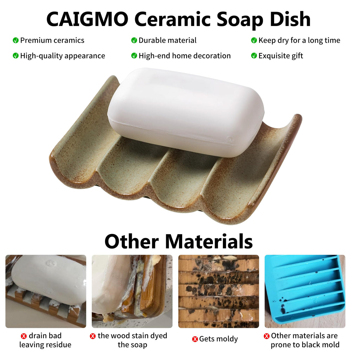 Soap Dish, Draining Ceramic Soap Holder Fluted Design Bar Soap Holder for Shower Bathroom, Soap Saver, Gift for Women Man, White 1 Pcs