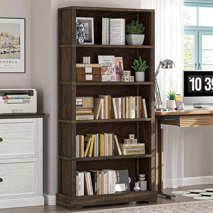 TVU 5-Tier Solid Wood Book Shelf, Floor Standing Bookcase, Farmhouse Style Book