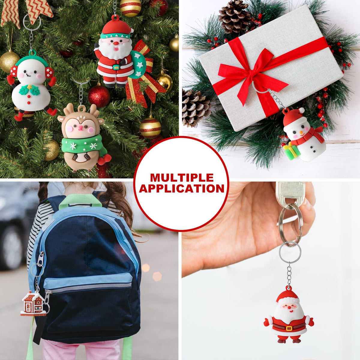 Becfupo 20 Pcs Christmas Rubber Keychains Bulk, 3D Santa Claus Snowman Xmas Tree Reindeer Hanging Ornaments With Keyrings For Christmas Tree Decoration, Xmas Party Craft Supplies