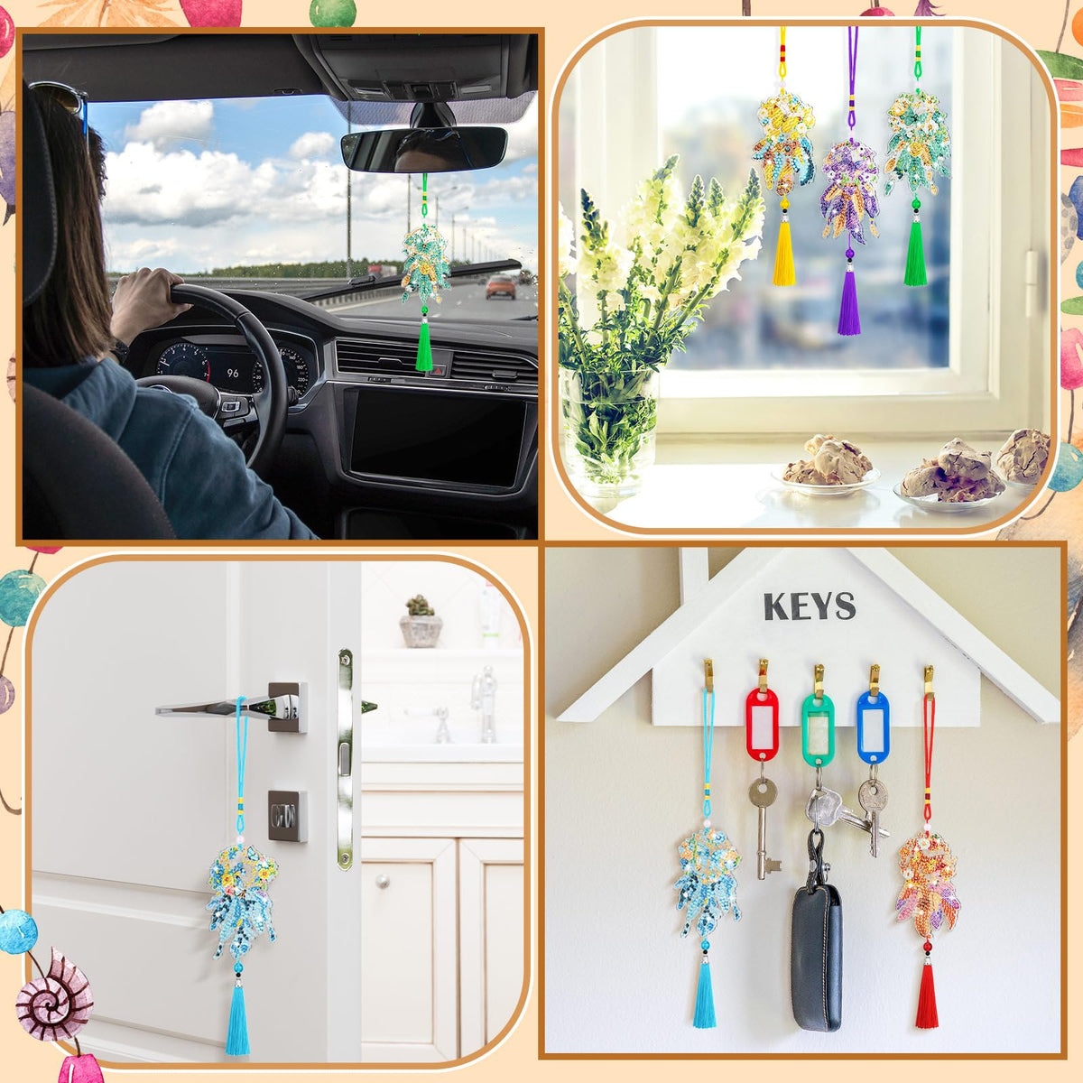 JenPen 12 Pcs Diamond Painting Car Ornaments Diamond Art Ornament for Car Double Sided Painting Hanging Ornament Crystal Gem Garden Decoration Paint DIY Kit(Dream Catcher)