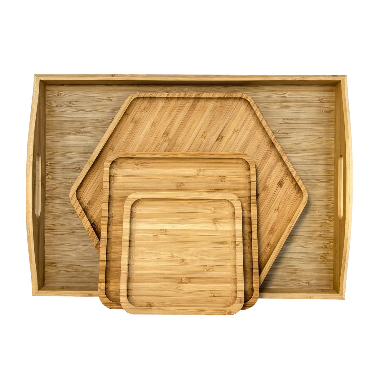 PAFREWOG Bamboo Serving Trays Charcuterie Platter 16.5"x11.8"（42x30cm with Handle, Set Includes 1xHexagon 12.5"(32cm)+1xSquare 7.8"(20cm)+1xSquare 5.9"(15cm) Small Plates for Family Dinner