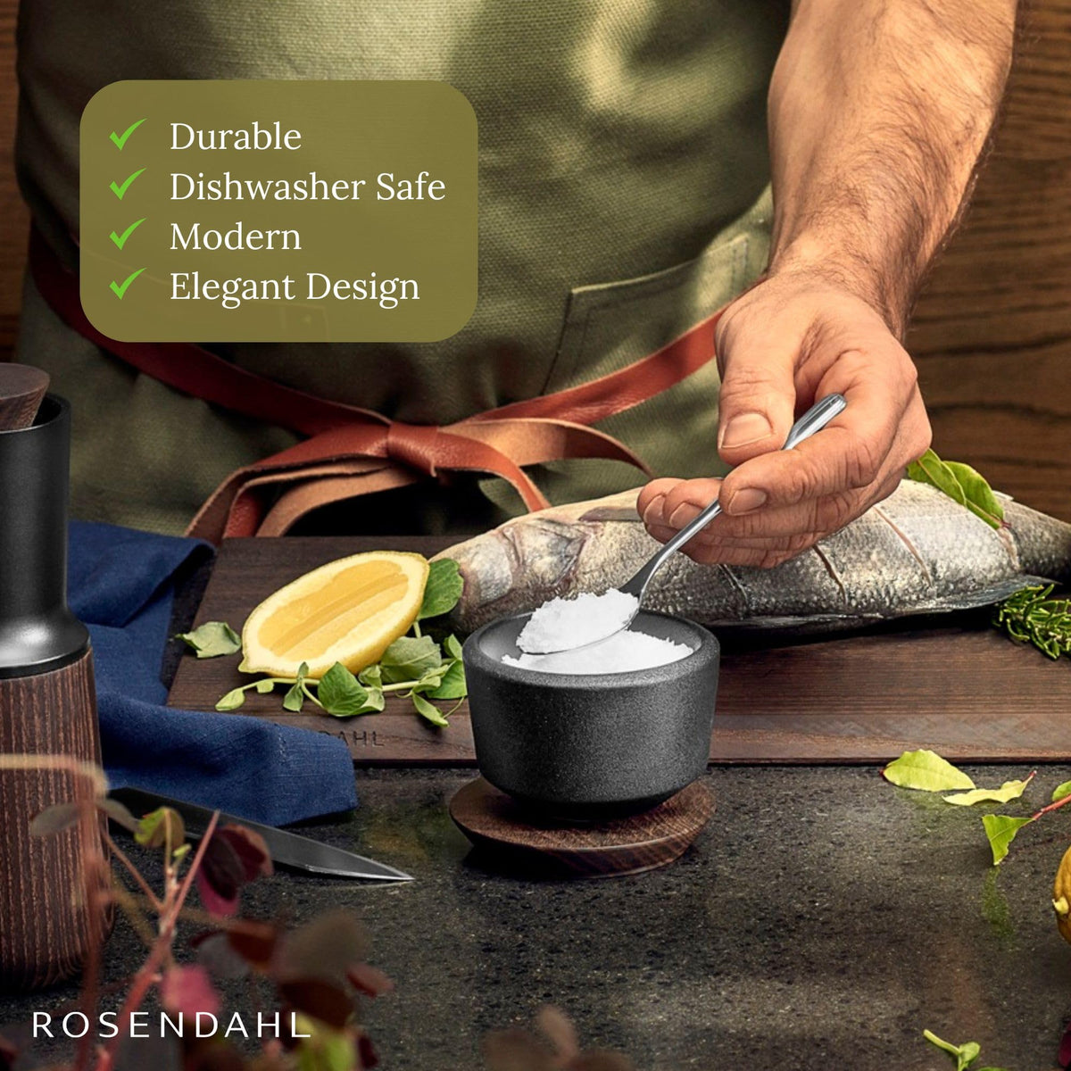 Rosendahl RÅ Salt Cellar with Ash Wood Lid - Black Ceramic, Rustic Stoneware with Cast Iron Look, Japandi Inspired Design, Stylish Addition to Your Table Setting