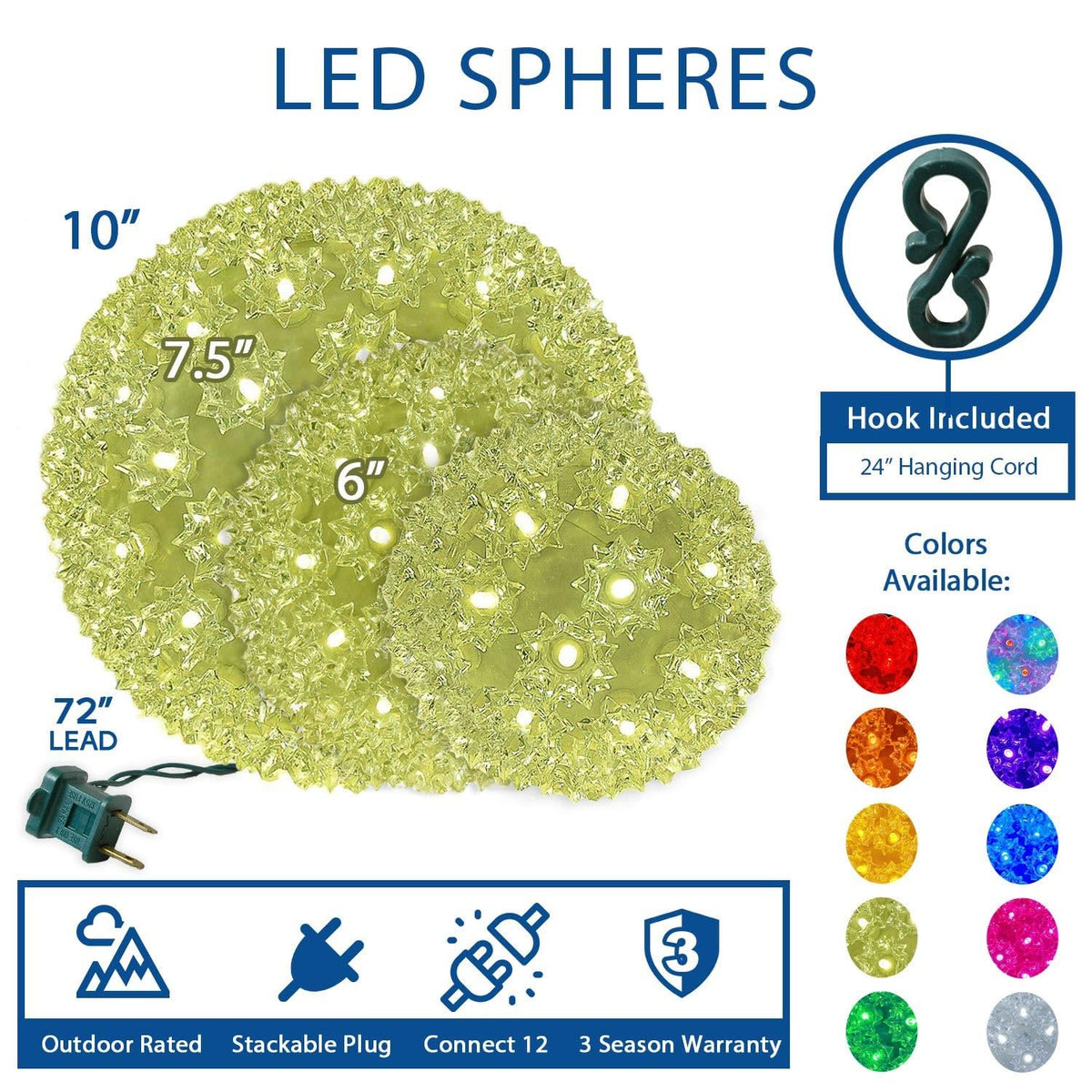 Novelty Lights LED 10in 150 Light Starlight Sphere, Red, Extra Large Ornament Ball Light, 5ft Hanging Cord with S Hook, 12ft Power Cord with Stackable Plug, Commercial Grade