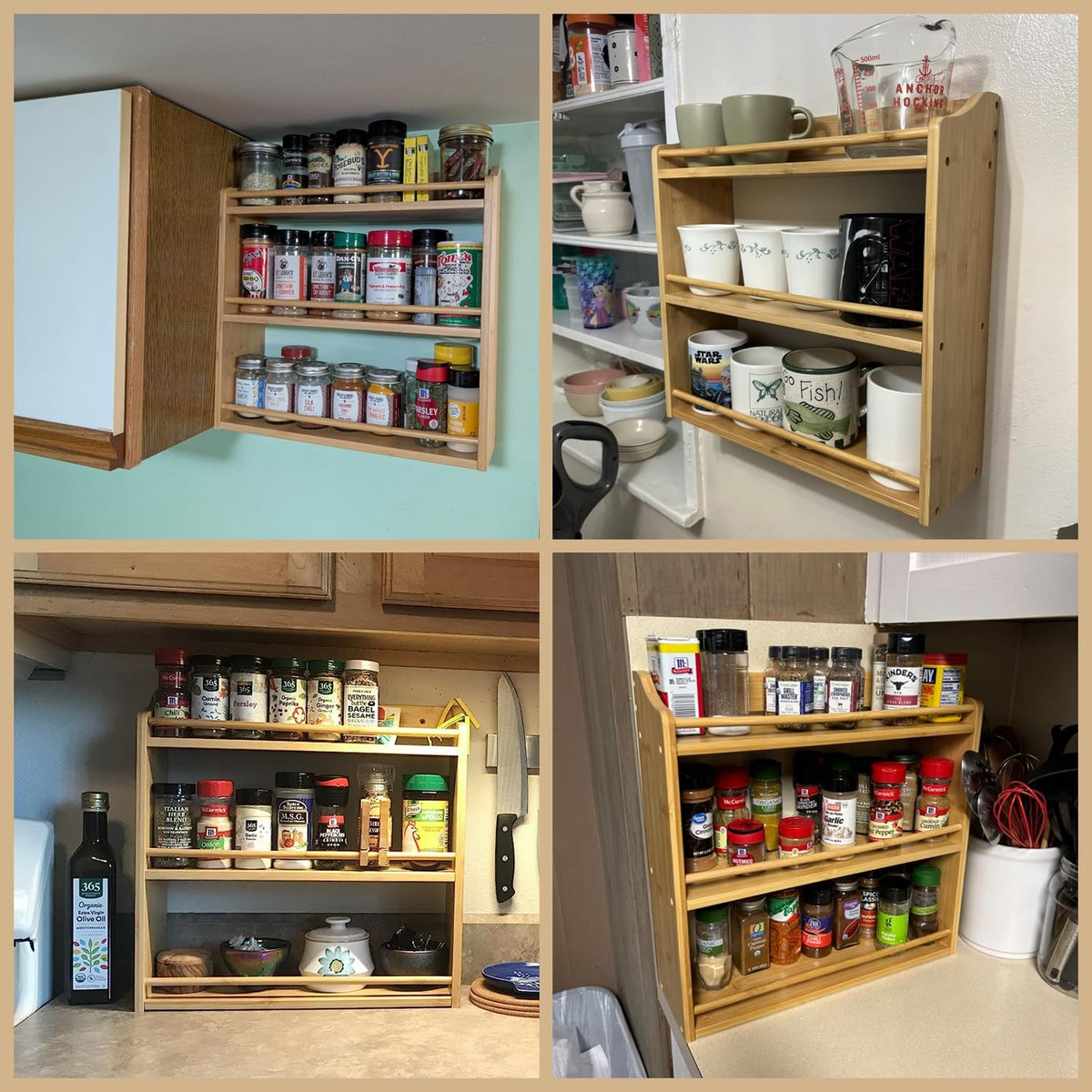 FoverOne 3 Tier Bamboo Spice Rack, Seasoning Jars Rack Shelf Spice Organizer for Kitchen Counter or Wall Mounting